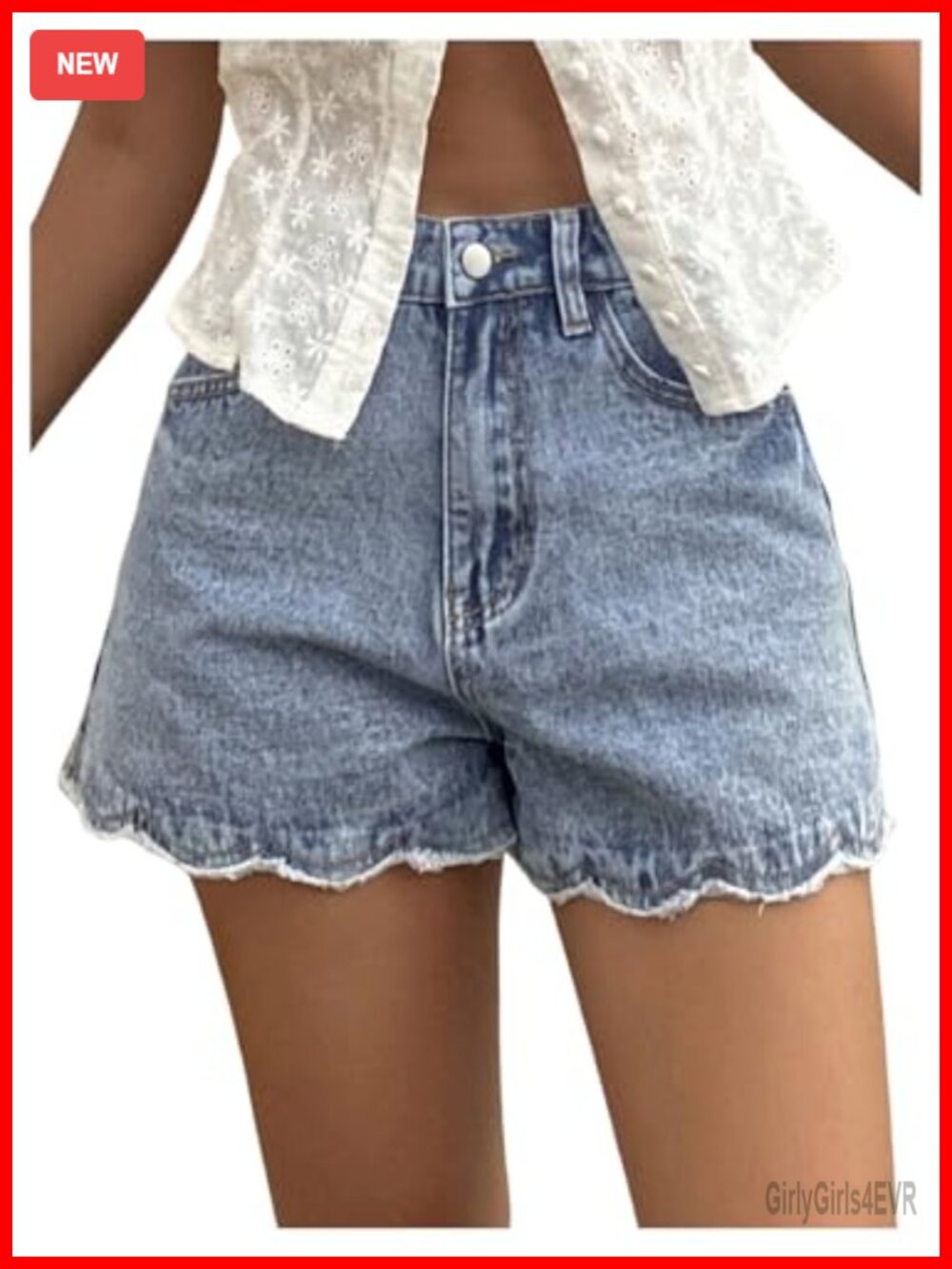 High Waisted Frayed Raw Hem Scalloped Jean Shorts for Women Casual Summer